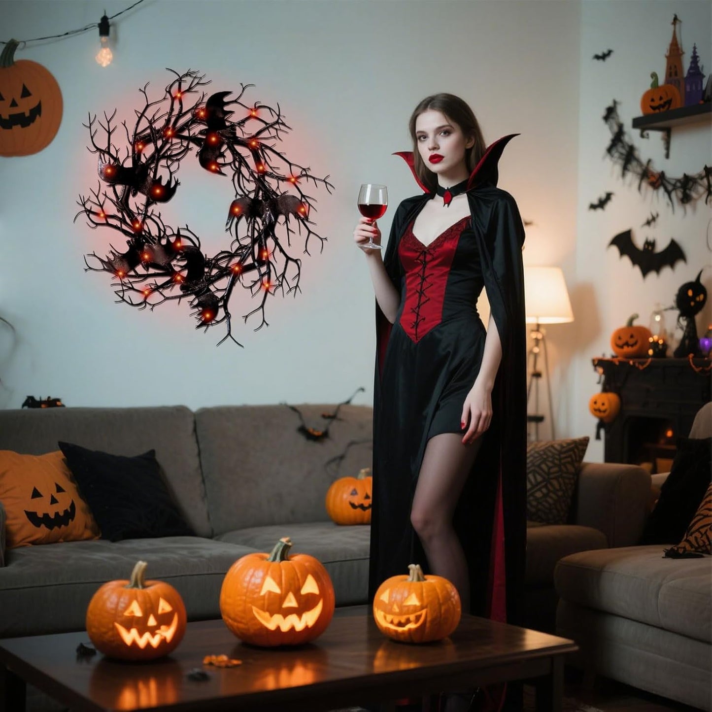 Halloween Black Branch Wreath - 18 Inch Black Twig Halloween Bat Wreaths with Red Lights for Front Door Indoor Outdoor Party Window Wall Decor Farmhouse Garland Yard