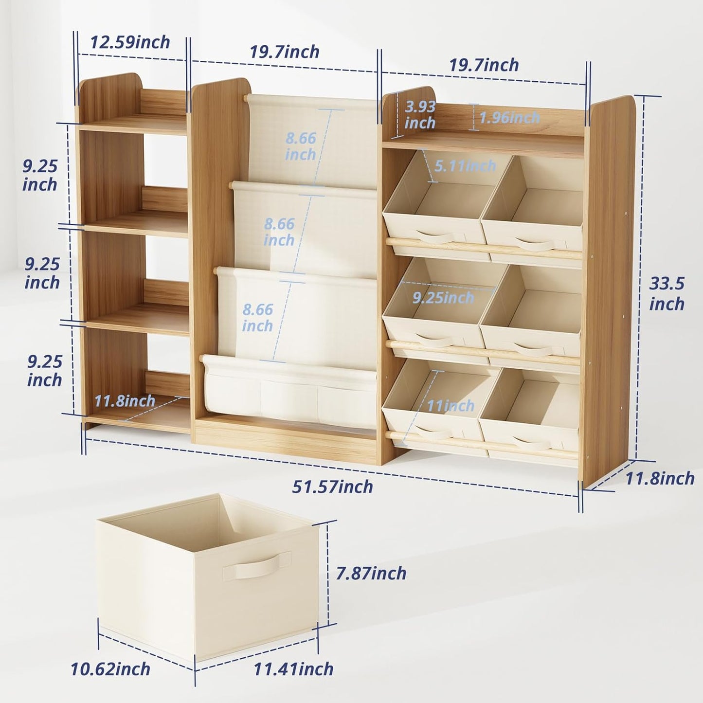 Kids Toy Book Storage Organizer - Large Bookshelf with 7 Removable Bins, Baby Bookshelf and Toy Storage, 4-Tier Book Shelf for Kids Room, Playroom, Classroom, 51 inch, Burlywood