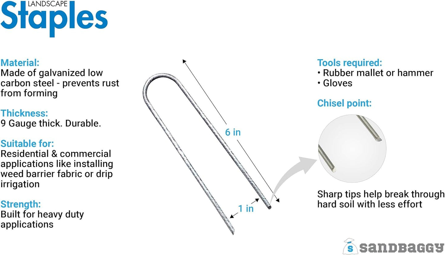 Sandbaggy Galvanized 6-Inch Landscape Staples ~ 9 Gauge Steel - Fabric Pins, Garden Earth Stakes, Ground Cover, Fence Anchors, Lawn Nails ~ Trusted by Organic Farmers Across The USA (200 Staples)
