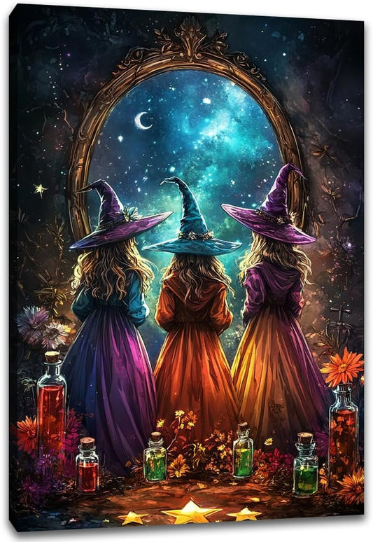 Witch Poster Halloween Fall Wall Art Decor,Three Witches with Magic Potion Mirror Colorful Vintage Print,Dark Academia Spooky Canvas Art Prints for Home Living Room,16"x24" Framed