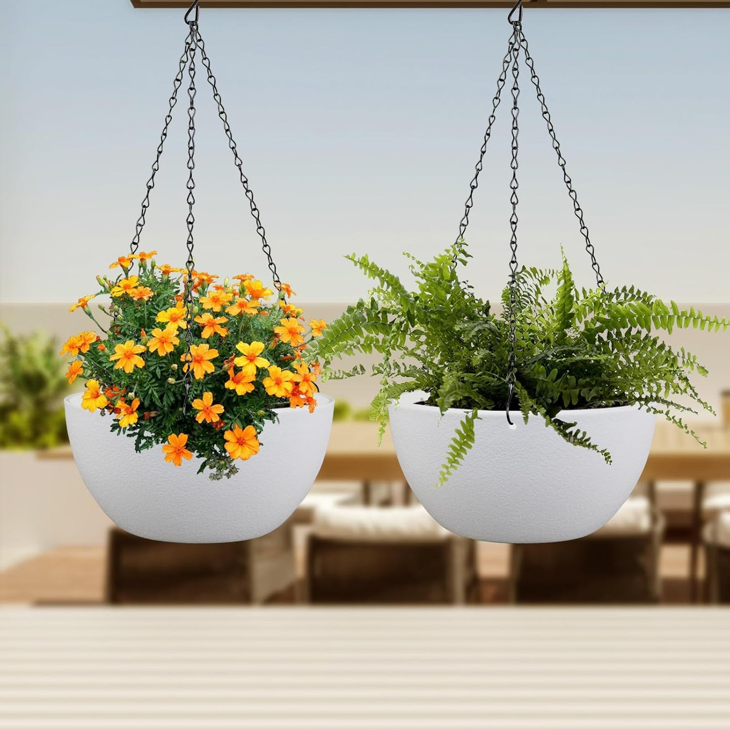 8 inch Small Hanging Planters for Indoor Outdoor Plants, 2 Pack Hanging Flower Pots with Drainage Holes and Chain for Garden Porch Plants, Plastic Hanging Baskets for House Plants, White