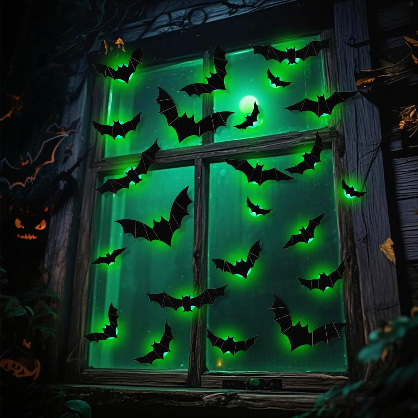 DR.DUDU 36 Pack Bats Halloween Decorations- Light Up Bat Wall Stickers with Green LED, 3D Removable Window Decals for Indoor/Outdoor, Bathroom, Door, Home, Bedroom Halloween Party