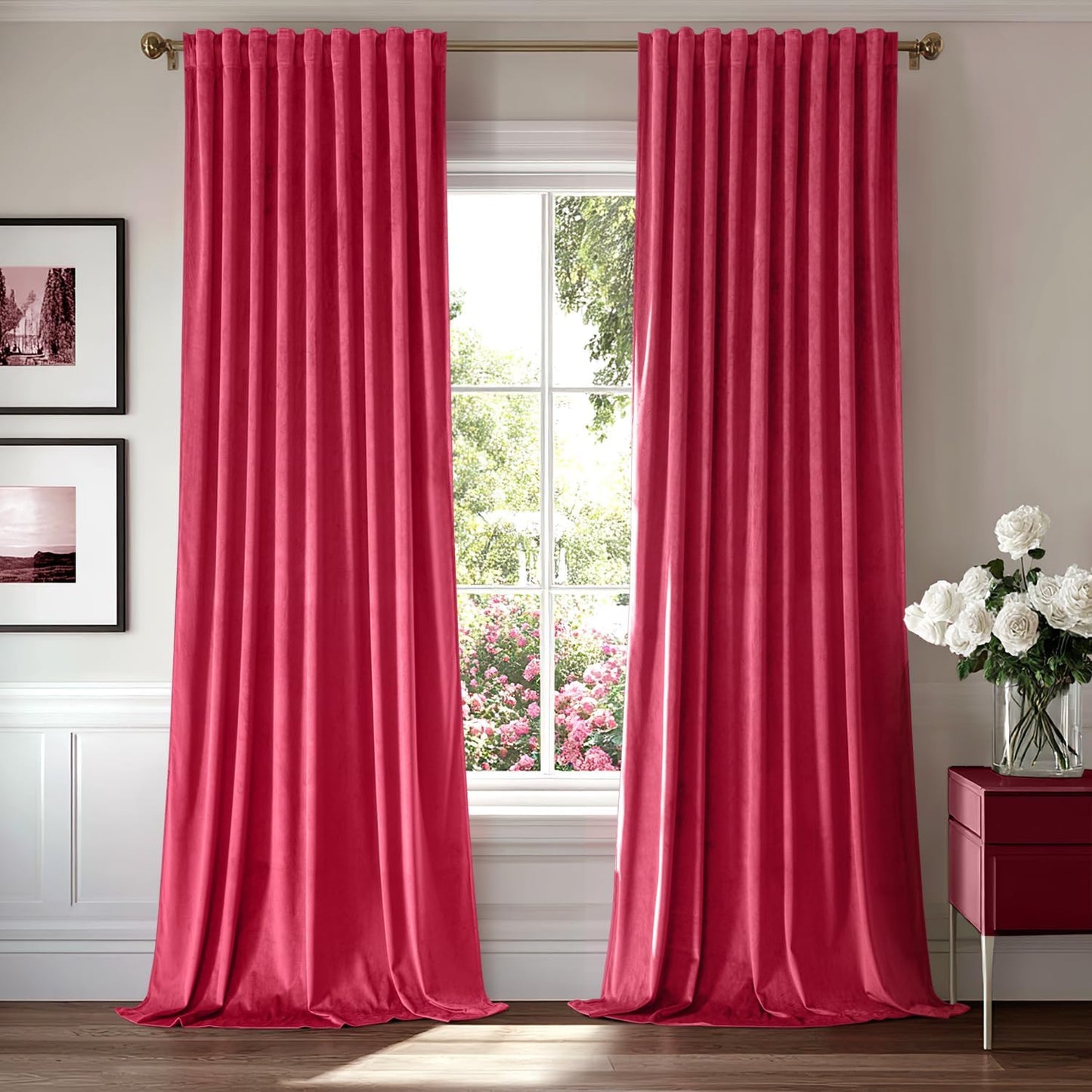 MIULEE Hot Pink Velvet Curtains 108 inches 2 Panels - Luxury Room Darkening Window Drapes for Bedroom Living Room Thermal Insulated Super Soft Blackout Extra Long, Back Tab Rod Pocket Pinch Pleated