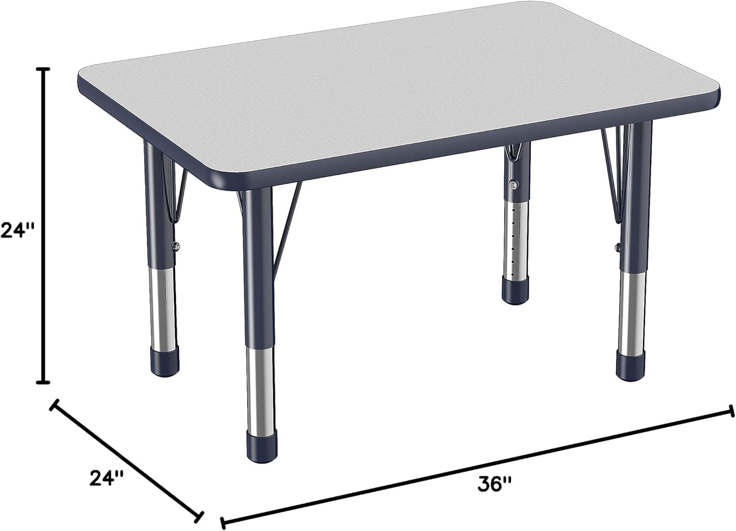 FDP Rectangle Activity School and Classroom Kids Table (24 x 36 inch), Chunky Toddler Leg, Adjustable Height 15-24 inches - Gray Top and Navy Edge