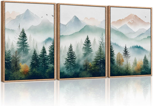 HLNIUC Misty Mountain Forest Framed Wall Art Set,Green Fog Pine Tree Wall Decor,White Foggy Forest Senic Canvas Wall Painting,Fogforest Landscape Art Print for Living Room,Bedroom,Office - 16”x24”x3