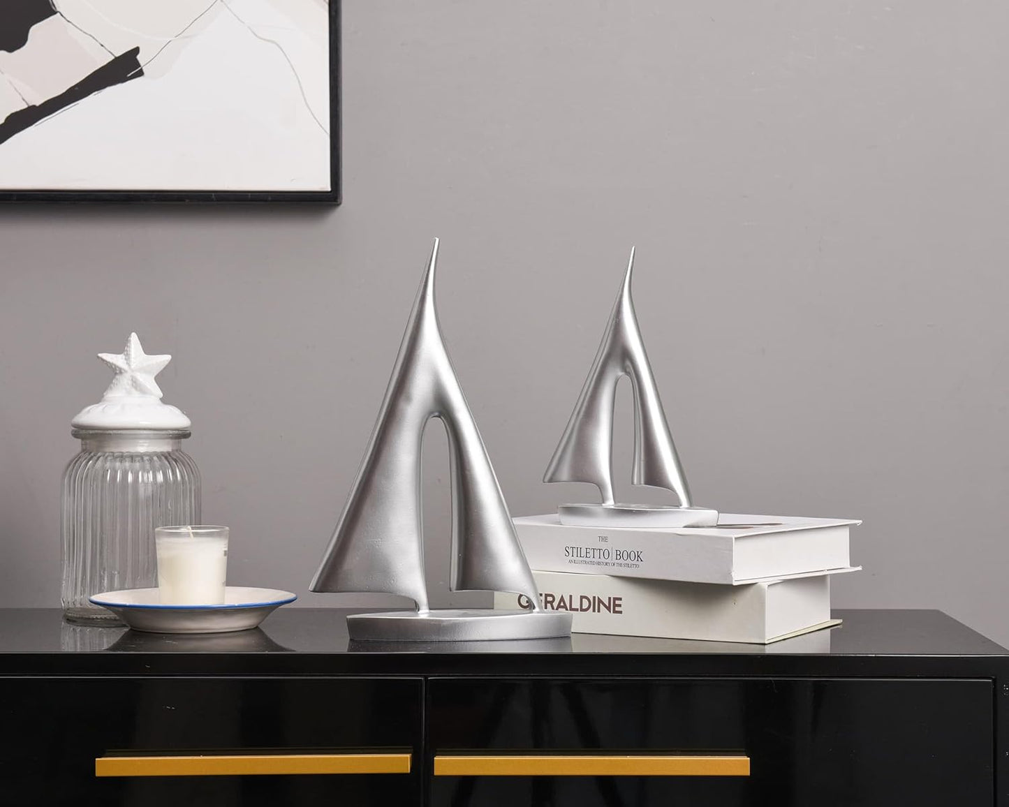 Modern Sculptures Home Decor, Silver Sailboat Decor Ornament, Boat Decorations Statue Decor, Art Sculptures and Statues, Sailboat Gifts Home Office Bathroom Shelf Decor Nautical Decor (2 Pack)