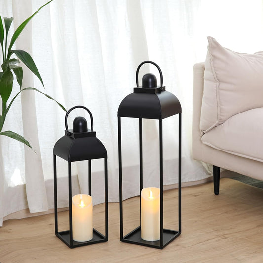 25'' 19'' Lanterns Decorative Outdoor Indoor, Black Metal Outdoor Candle Lanterns, Set of 2 Modern Farmhouse Decorative Lantern for Fireplace, Patio, Porch, Floor, Halloween Lantern (No Glass)