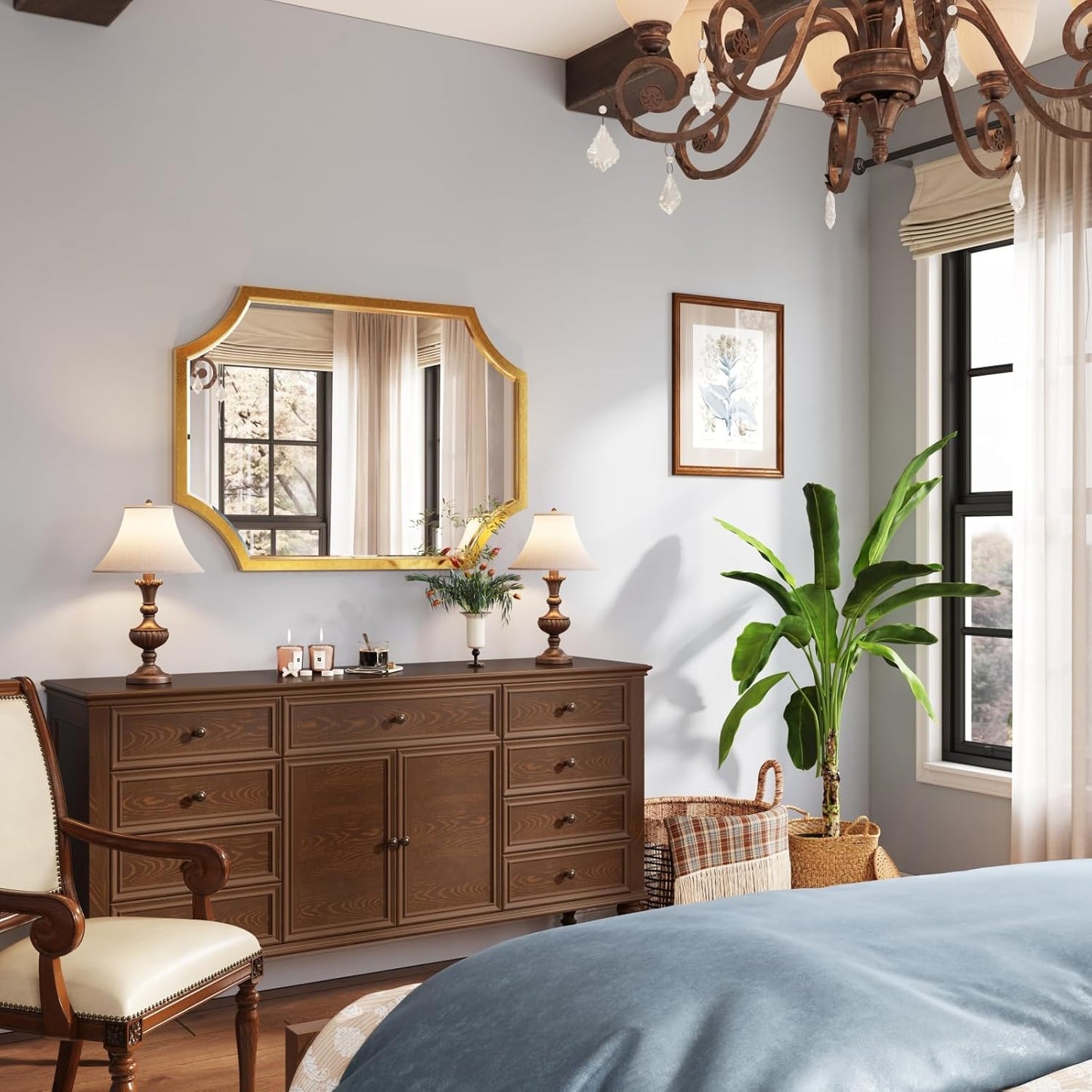 Kelly Miller Small Gold Mirror for Wall, 20"x28" Gold Bathroom Vanity Mirror Scalloped Mirror Decorative Wall Mirror Beveled for Master Bath Half Bath Living Room Bedroom Fireplace Mantle Entryway