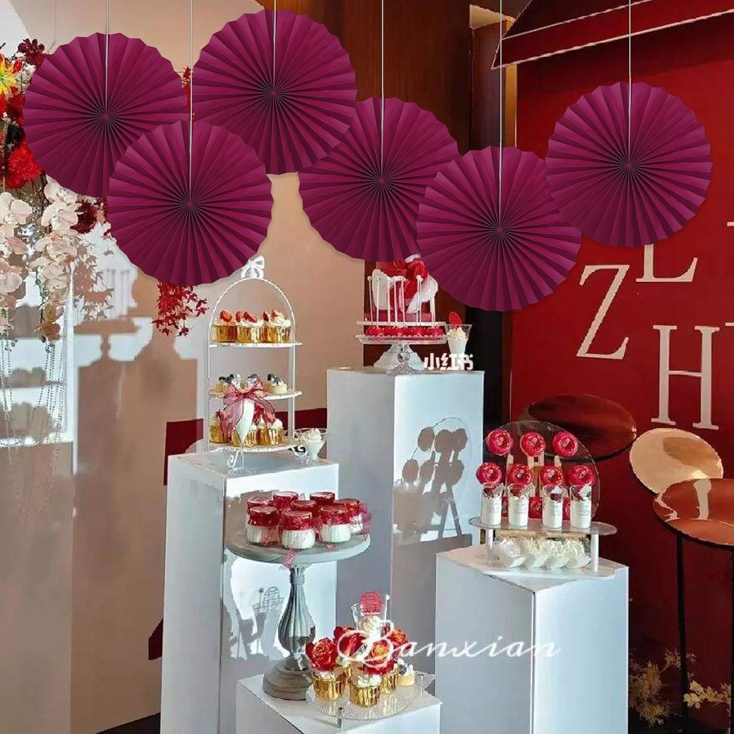 BARTHEW Red Party Decorations,Paper Decorations for Party,Girls Party Decorations Party Paper Fans Bulk 16in,Anniversary Decorations for Party 30 Color DIY Set （Wine Red）