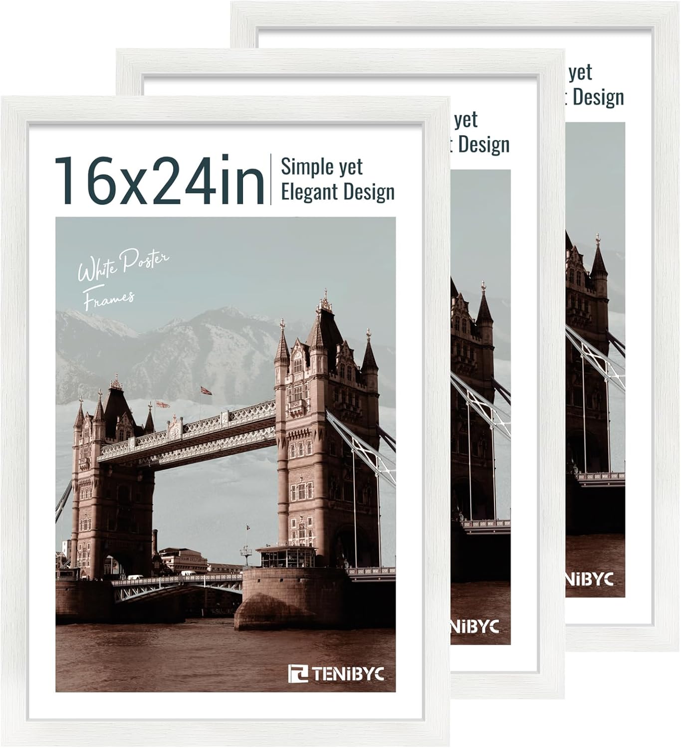 16x24 Poster Frame 3 Pack - White, Textured Solid Wood Picture Frame, Wall Gallery Photo Frame