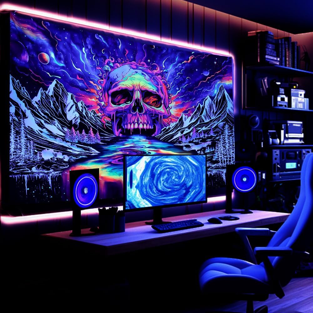 Blacklight Skull Tapestr UV Reactive Galaxy Mountain Planet Tapestries Magic Neon River Wall Hanging Aesthetic Skeleton Wall Decor Forest Trees Landscape Backdrop for Living Room