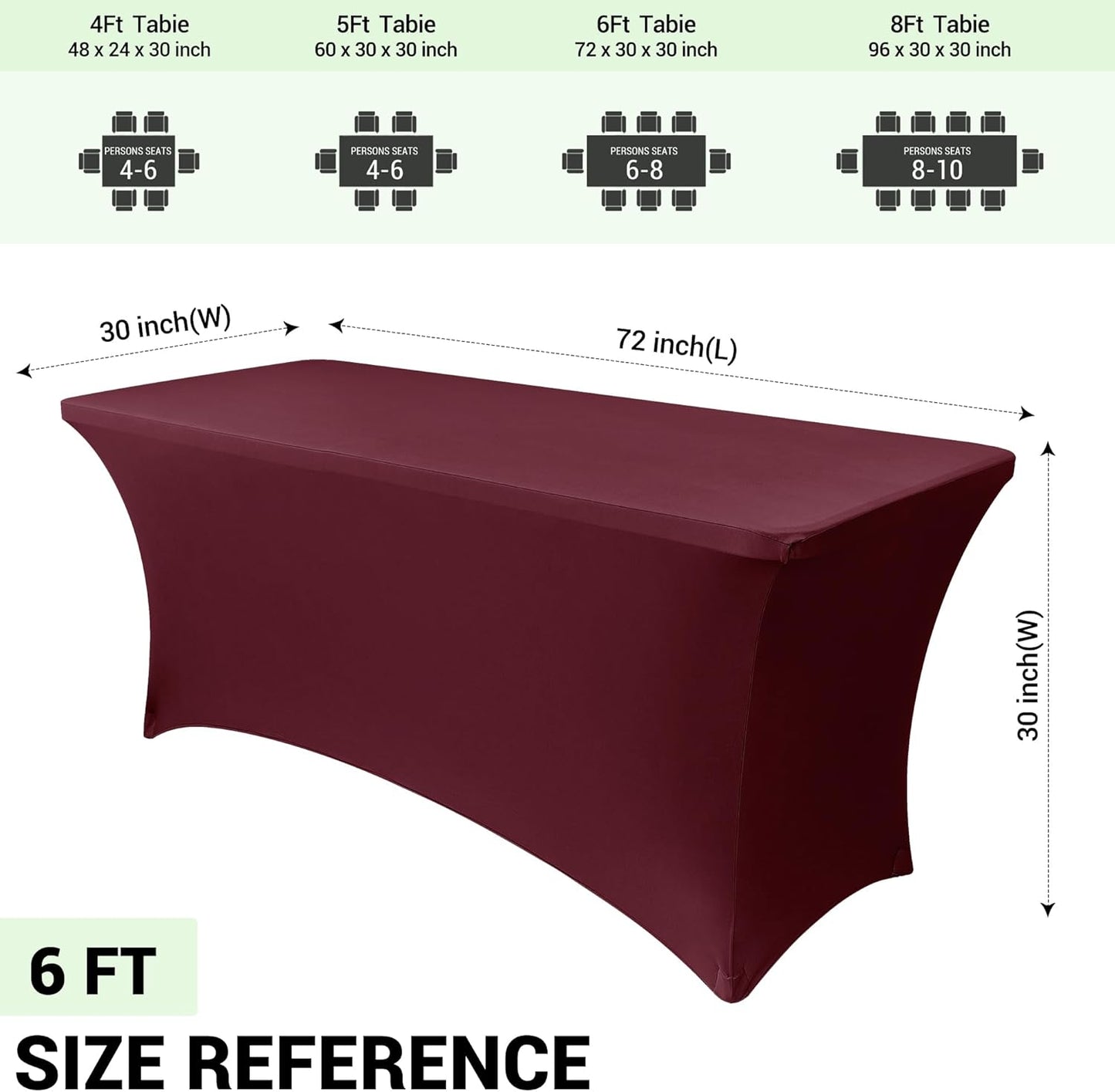 Obstal 6ft Stretch Spandex Table Cover for Standard Folding Tables - Universal Rectangular Fitted Tablecloth Protector for Wedding, Banquet and Party, 72L x 30W x 30H Inches, Wine Red, 2pc