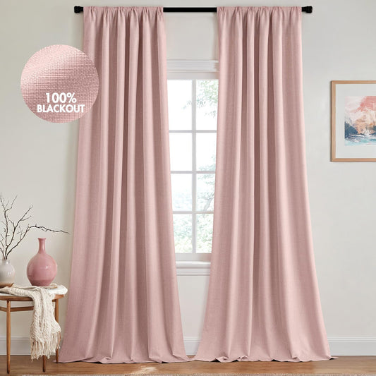 MIULEE 100% Blackout Curtains 84 Inch Long 2 Panels for Bedroom, Thick Luxury Faux Linen Black Out Curtain Room Darkening Back Tab Pleat Window Textured Drapes with Hooks for Living Room, Baby Pink