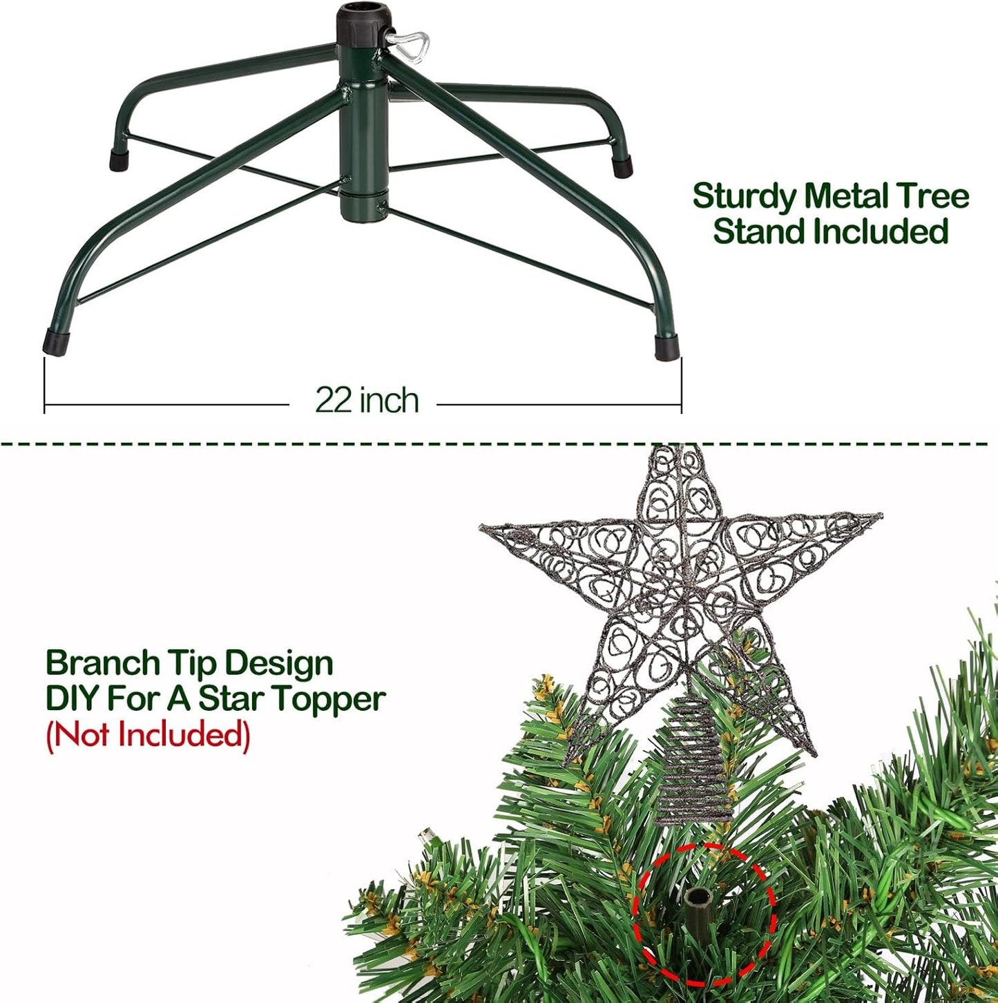 Hykolity 7.5 ft Prelit Christmas Tree, Artificial Christmas Tree with 450 Warm White Lights, 1450 Branch Tips, Metal Stand and Hinged Branches