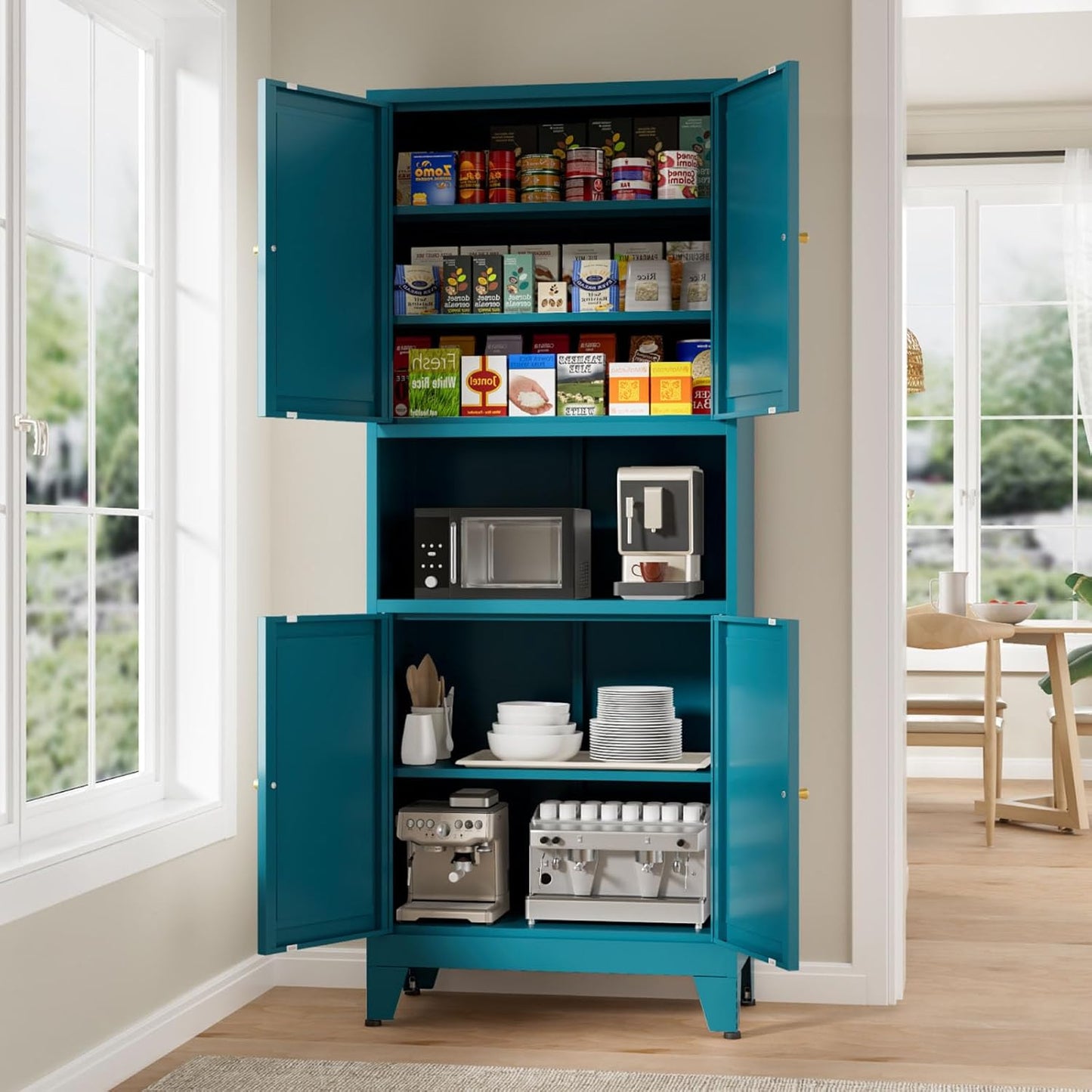 69" Tall Kitchen Pantry Cabinet, Metal Storage Cabinet with 4 Doors and Adjustbale Shelves, Freestanding Cupboards for Dining Room, Living Room, Bathroom