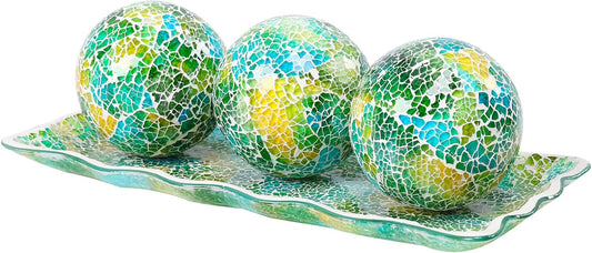 VCUTEKA Decorative Balls and Glass Bowl, 4 Inch Mosaic Sphere Balls Centerpiece Balls for Coffee Table, Home Decor, Wedding Party Decor, Green