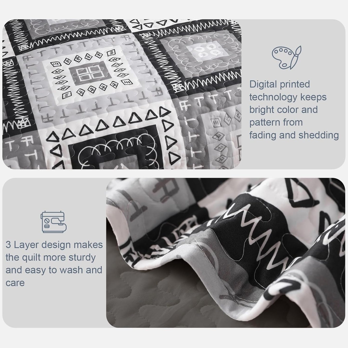 Exclusivo Mezcla Reversible Boho Quilt Set Queen Size, 3 Pieces Patchwork Black All Season Bedspreads, Ultra Soft Floral Coverlet Bedding Set with Printed Pattern (1 Quilt, 2 Pillow Shams)