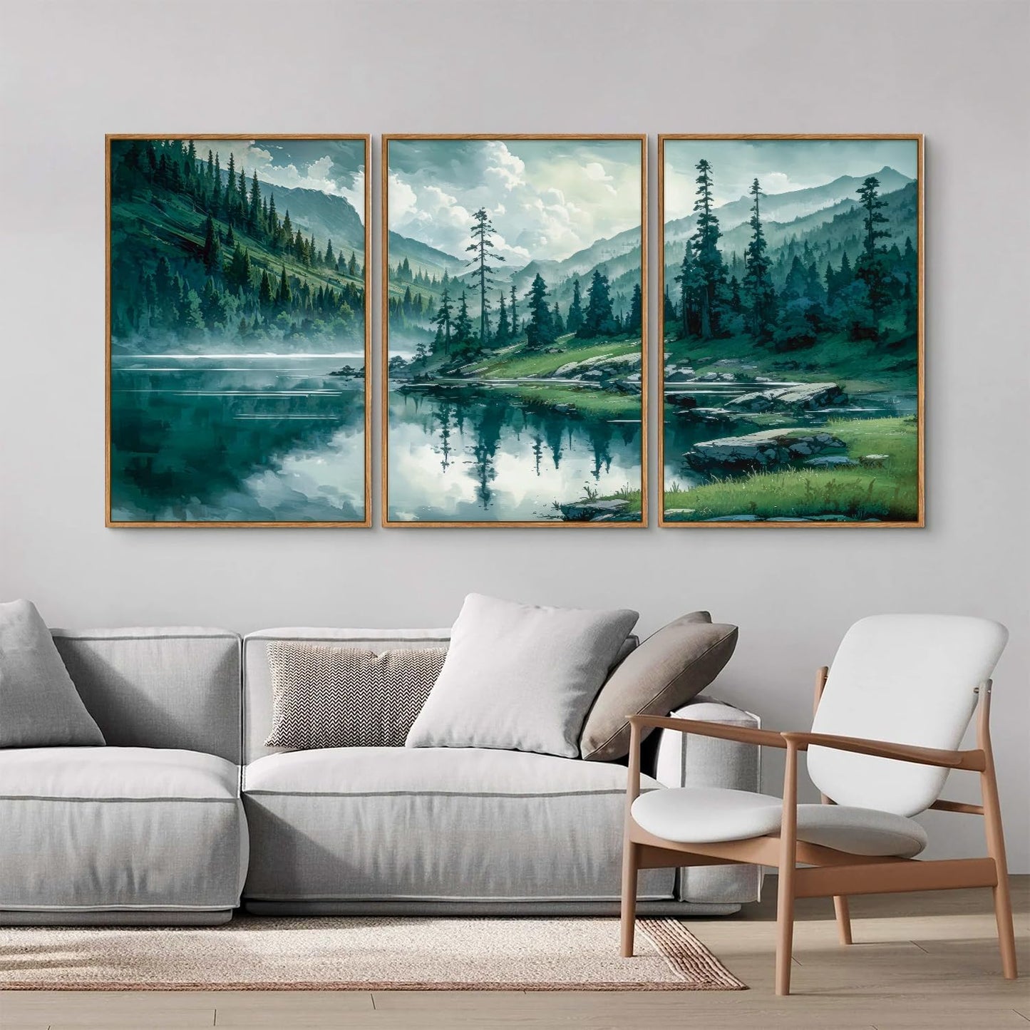 Tinonedraw Large Nature Forest Framed Canvas Wall Art Set, Boho Mountains Calming Lake Wall Decor, Green Pine Trees Artwork, Northern Wilderness Art Painting for Living Room Bedroom Office 16"x24"x3