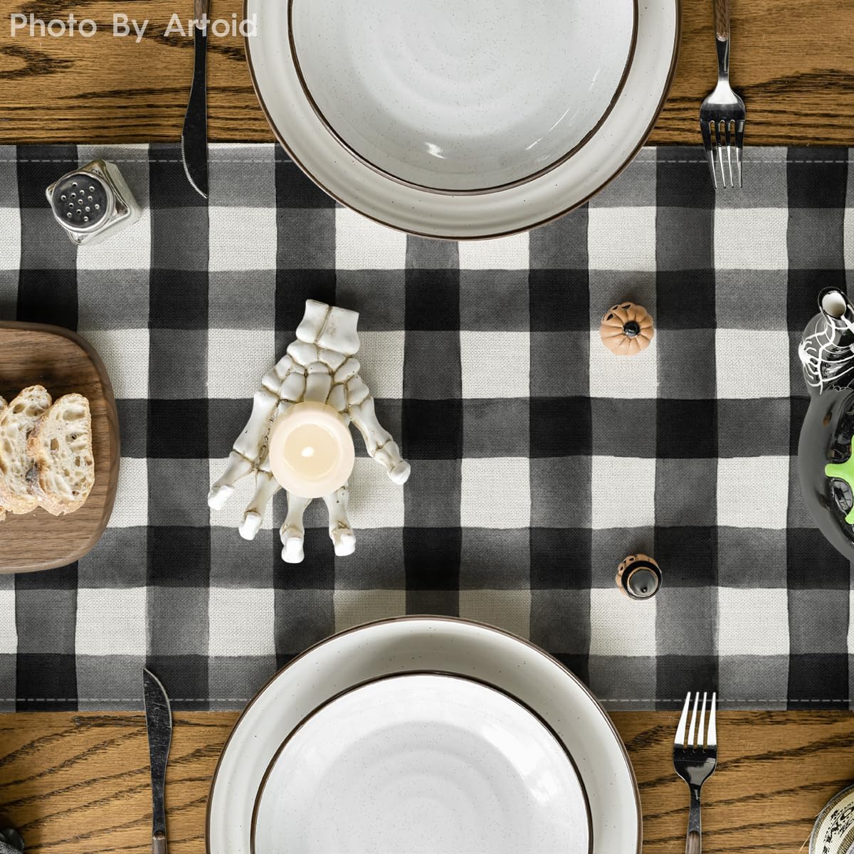 Artoid Mode Buffalo Plaid Bat Pumpkin Ghost Truck Spooky Halloween Table Runner, Sensonal Kitchen Dining Table Decoration for Home Party Decor 13x60 Inch