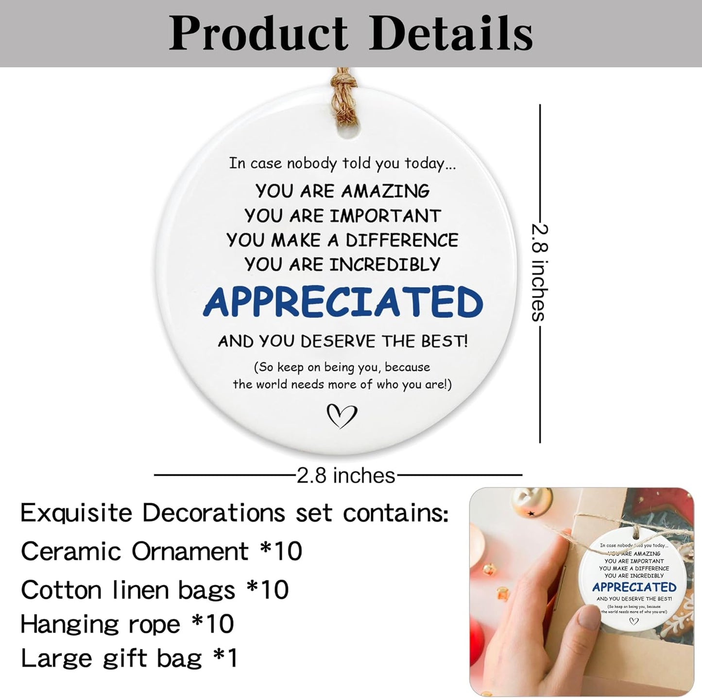 Thank You Gifts for Women & Men - 10 Pcs Appreciation Gift Set for Coworkers - Ceramic Ornament Set