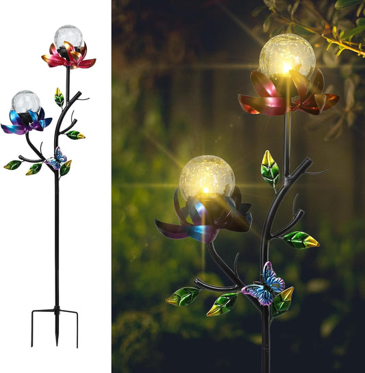 VCUTEKA Solar Garden Light Solar Flowers Light with LED Crackle Glass Globe Solar Lights Outdoor Metal Garden Stake Wind Spinner for Garden Decoration, Patio Decor, Yard Decor and Gift for Mother