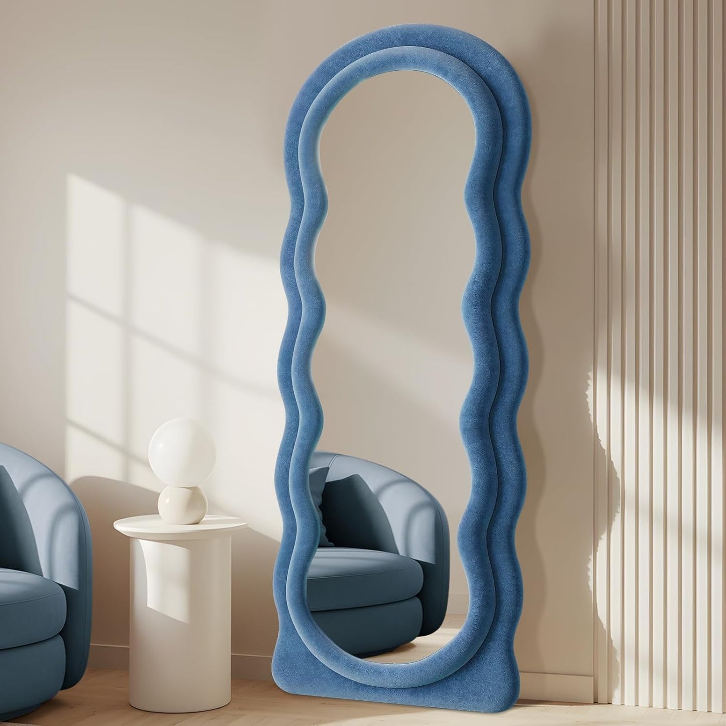 Full Length Mirror 63"x24" Arched Wavy Full Body Wall Mounted Floor Mirror with Stand Blue Flannel Frame Leaning Hanging Wall Mirror for Bedroom Entrance