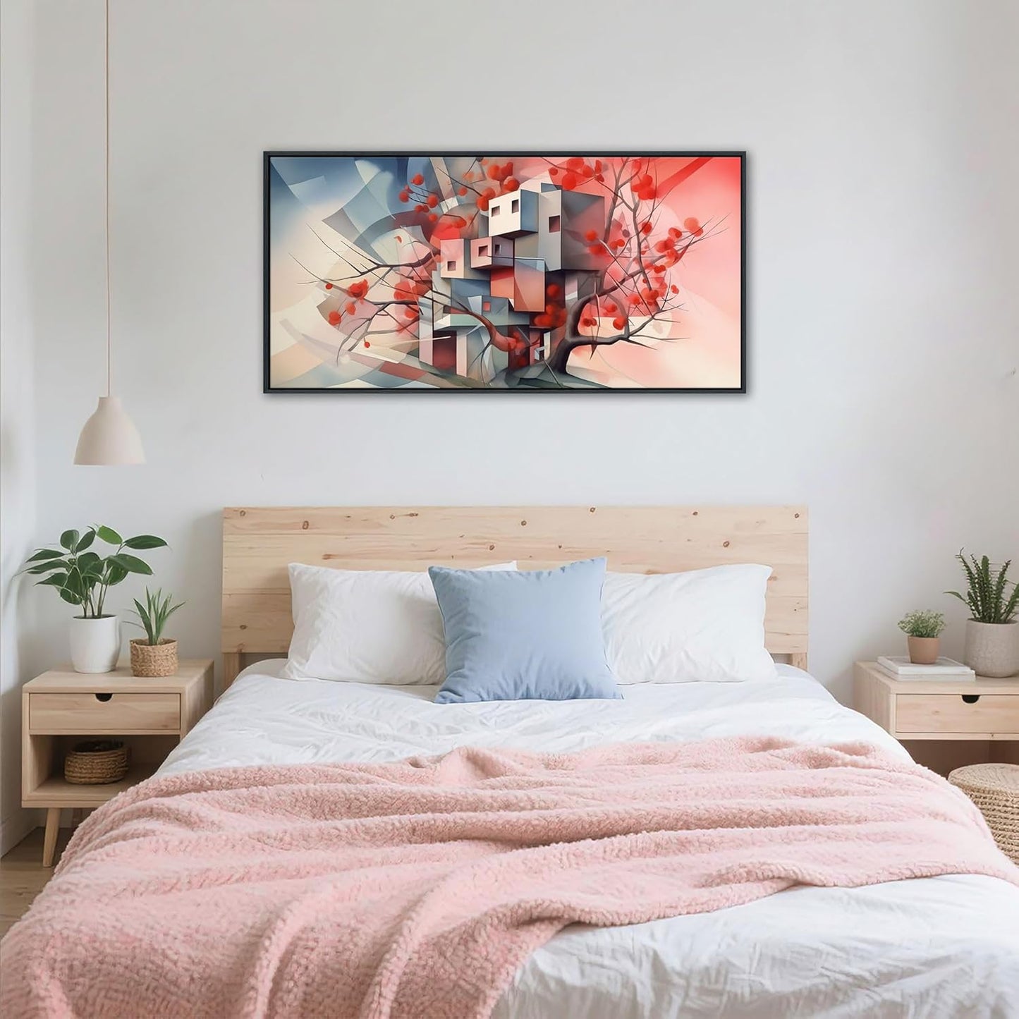 QZQCBLC Abstract Canvas Wall Art, Pink Geometry Ultra Modern Gallery Wall Pictures Grey Tree House Canvas Paintings Framed Artwork for Living room Bedroom kitchen Bathroom Home Decor 20x40 IN