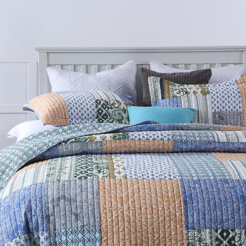 Cotton Bedspread Quilt Sets 3 Pieces Reversible Coverlet Sets Comforters Blue Bohemian Paisley Patchwork Bedspread, King Size