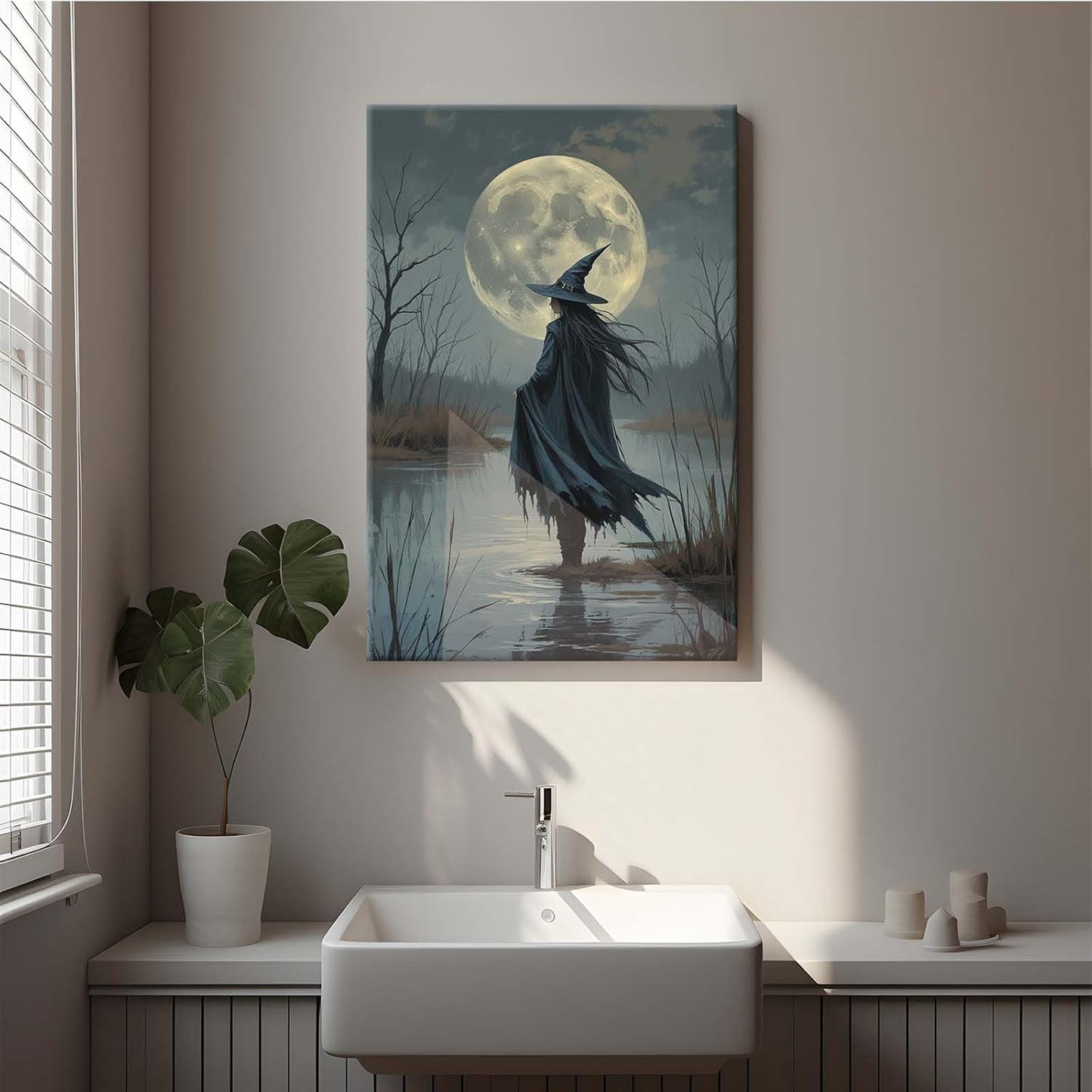 JFHCQJPK Witch in the moonlight magic canvas wall art enchanting Halloween home decor swamp witch silhouette oil painting mysterious gothic aesthetic wall decor print poster32x48in Frameless