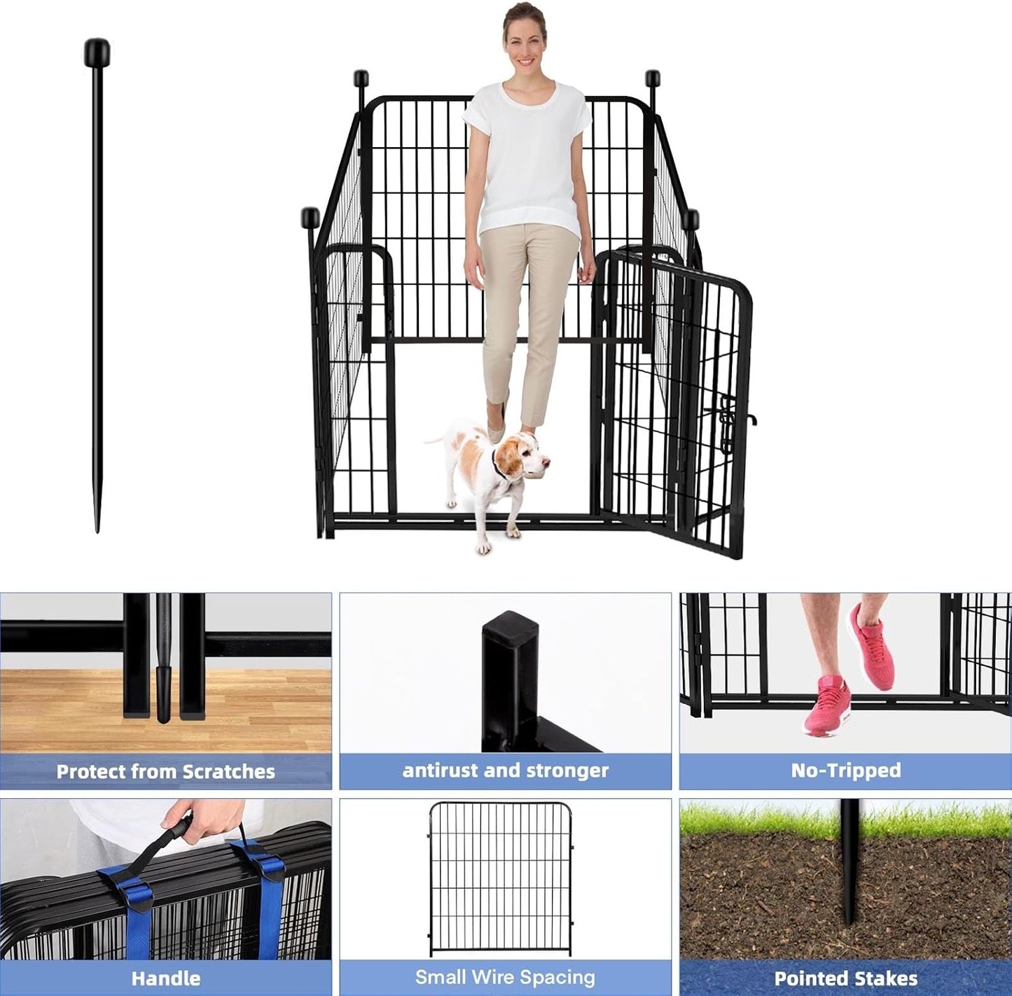 ADAVIN Tall Garden Fence with Gate, 48 in(H) 4 Panels Heavy Duty Iron Metal Fencing Border, Indoor or Outdoor Dog Playpen, Animal Barrier Fence, No Dig Fencing for Yard, Total 8.9 FT(L), Black