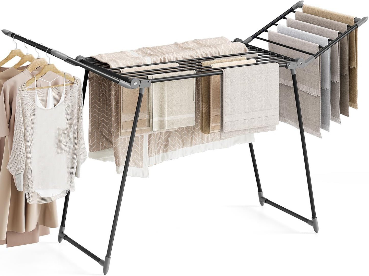 APEXCHASER Clothes Drying Rack Foldable, Large Drying Rack Clothing, Winged Laundry Rack Folding Indoor Outdoor, Metal Clothes Airer for Bedding Towel Sweater Heavy Duty, 68.9" X 23.6" X 41.3", Black