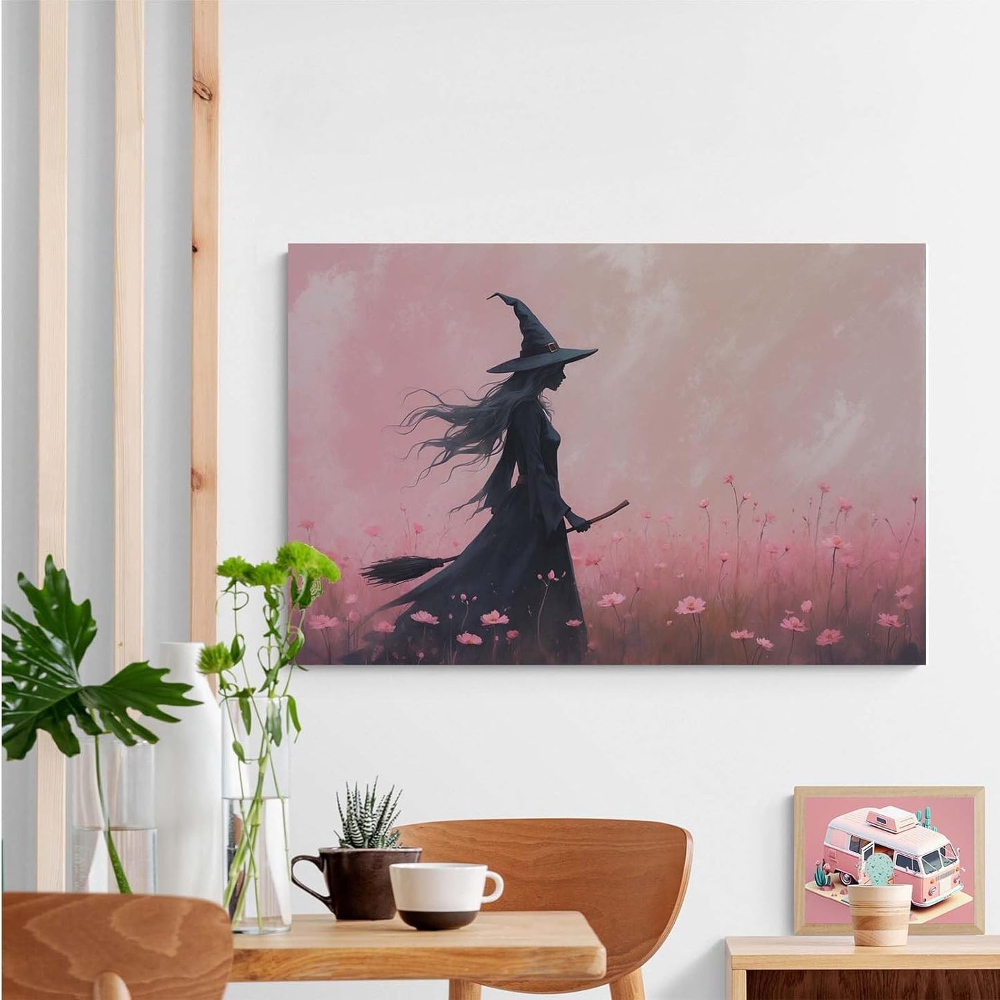JFHCQJPK Witch in the pink sea of flowers Halloween prints weird flowers wall art silhouette painting fashionable romantic decoration suitable for bedroom28x40in Frameless