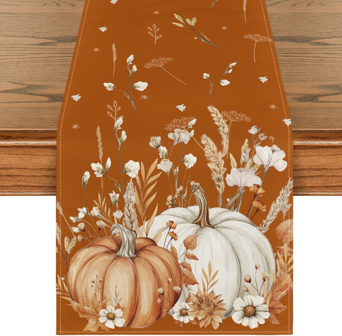 Artoid Mode Orange Pumpkins Leaves Flowers 210 GSM Fall Table Runner, Seasonal Autumn Kitchen Dining Table Decoration for Home Party Decor 13x60 Inch