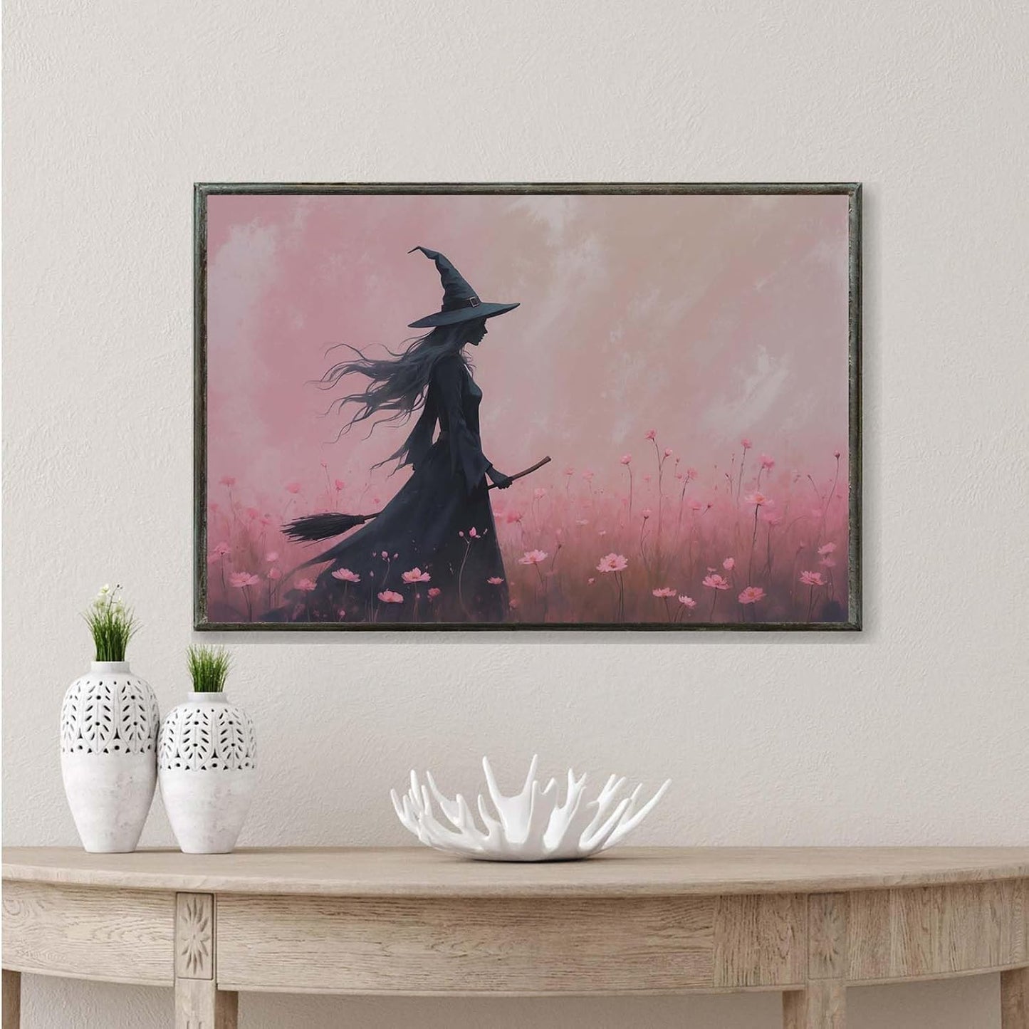 JFHCQJPK Witch in the pink sea of flowers Halloween prints weird flowers wall art silhouette painting fashionable romantic decoration suitable for bedroom8x12in Metal blackFramed