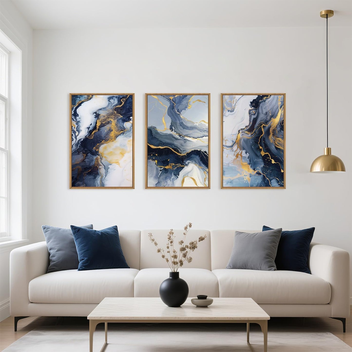 Blue and Gold Framed Canvas Wall Art Set, Mid-Century Modern Abstract Wall Decor, Navy Blue Ink Wash Painting, Neutral Art Print for Living Room, Bedroom, Dining Room, Office - 16"x24"x3