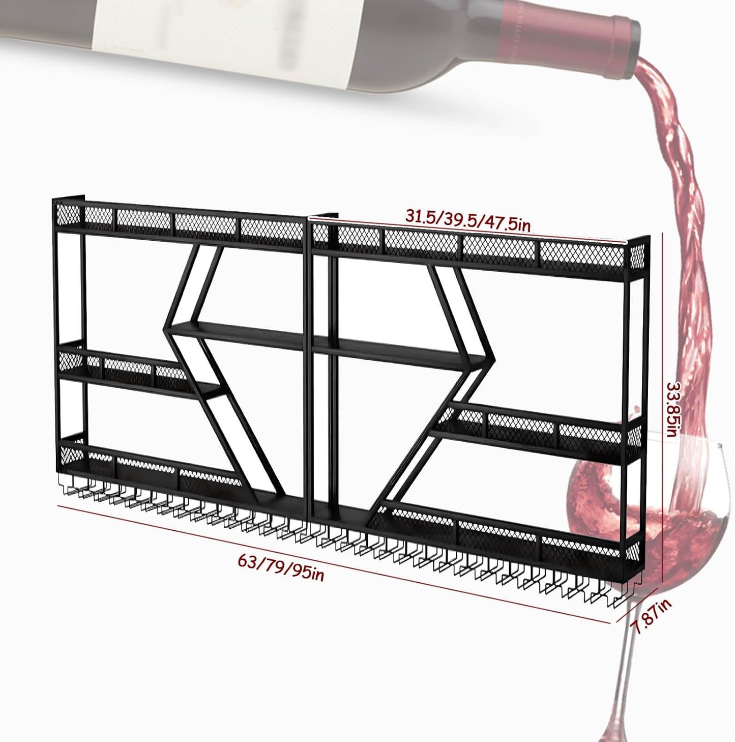 Wall Mounted Wine Rack with Glass Holder, 3-Tier Metal Storage Shelf, Black Diamond Design, Wine Bottle Display with Stemware Storage (Black, 47.24in/Right)