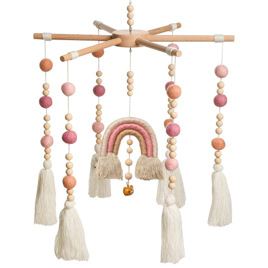 Baby Crib Mobile,Crib Mobile Wooden Mobile with Colorful Cotton Ball Wool Felt Ball Boho Baby Mobile Bassinet Mobile for Crib,Mobile for Baby Nursery and Ceiling Decoration
