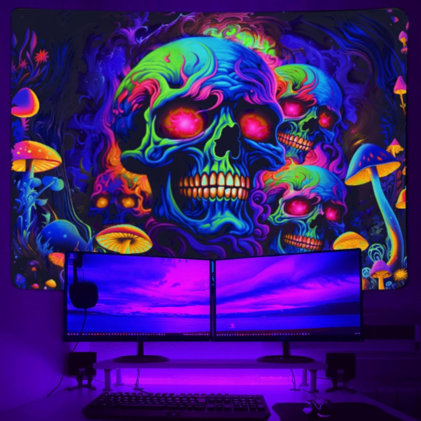 Xiaoput Skull Blacklight Tapestry, UV Reactive Skeleton for Bedroom, Halloween Wall Decor, Aesthetic Living Room Dorm 80x60IN