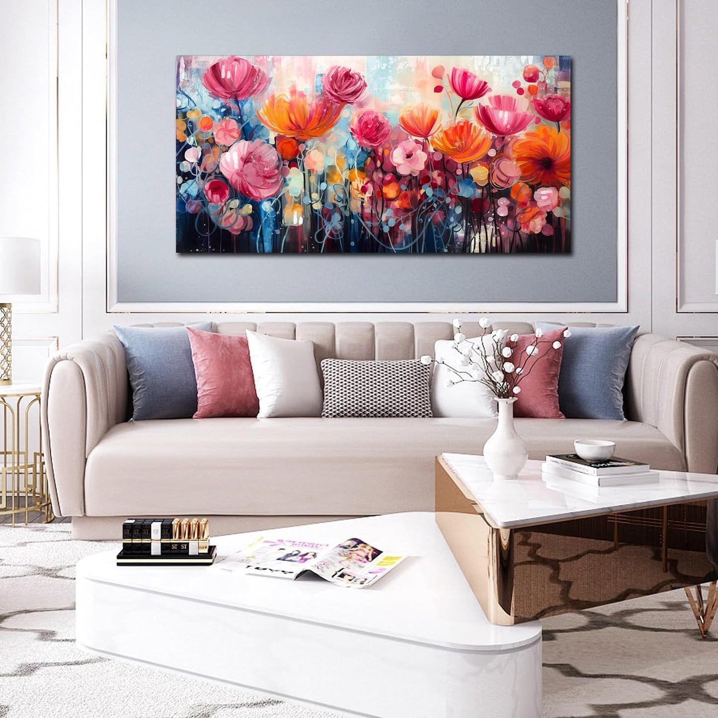 ENTANUB Flower Wall Art for Living Room, Pink Canvas Print Painting for Bedroom, Floral Picture Artwork, Large Decor Size 60x30 Inches