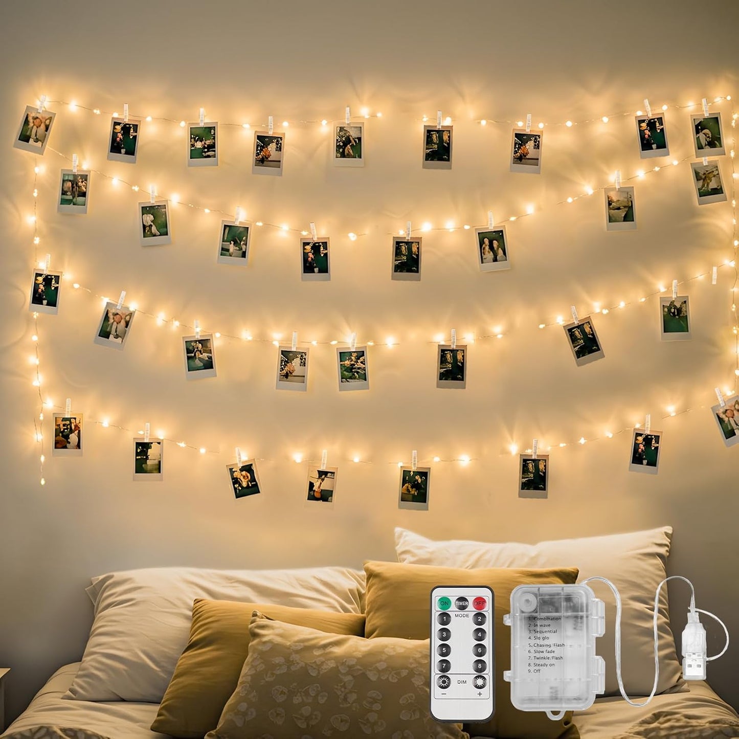 SUDDUS 16ft 50LED Fairy Lights with 22 Clips, Battery/USB Operated Photo Twinkle Lights with Remote Control & Timer, Waterproof Indoor Outdoor String Lights for Wedding Bedroom Dorm Decor (Warm White)