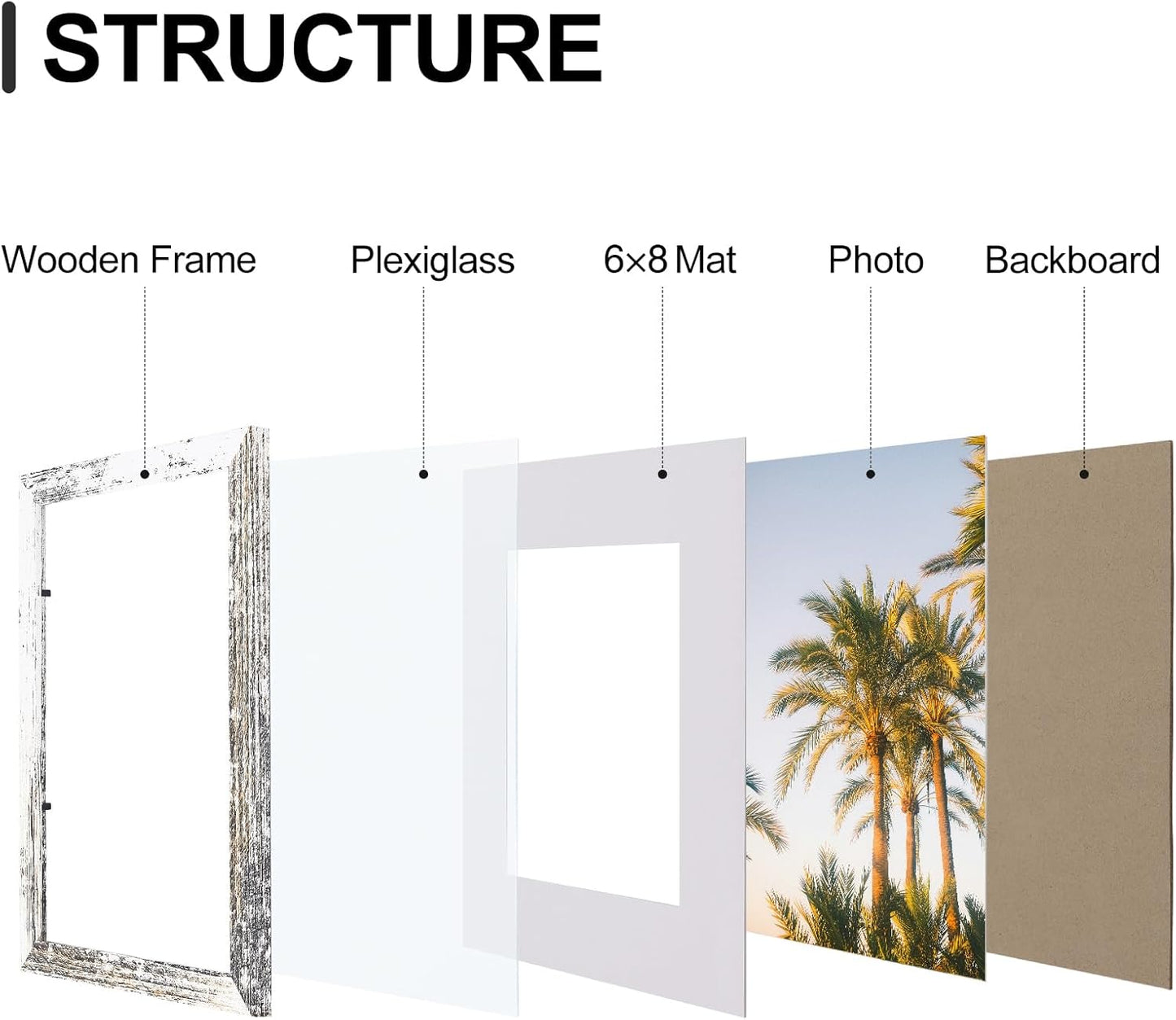 Vittanly 8x12 Picture Frames Set of 9, Shatter Resistant Plexiglass, Display 6x8 Pictures with Mat or 8x12 without Mat, Photo Frames for Wall or Tabletop, Engineered Wood, Distressed White