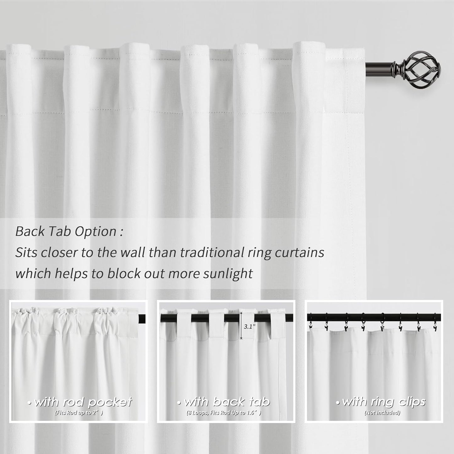 BOODII White Blackout Curtains 63 Inch Length for Bedroom Window Room Darkening Full Light Blocking Curtains Back Tab Neutral Elegant Black Out Curtain Thermal Insulated Linen Drapes Pure White 52x63