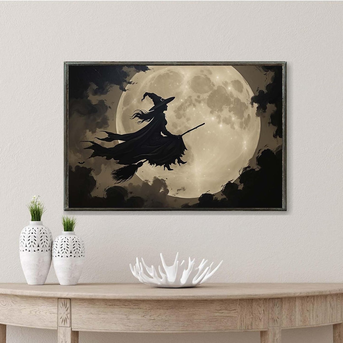 JFHCQJPK Full moon witch silhouette poster witch on magic broom Halloween mural poster decorative mural art suitable for home living room bedroom12x16in Metal blackFramed