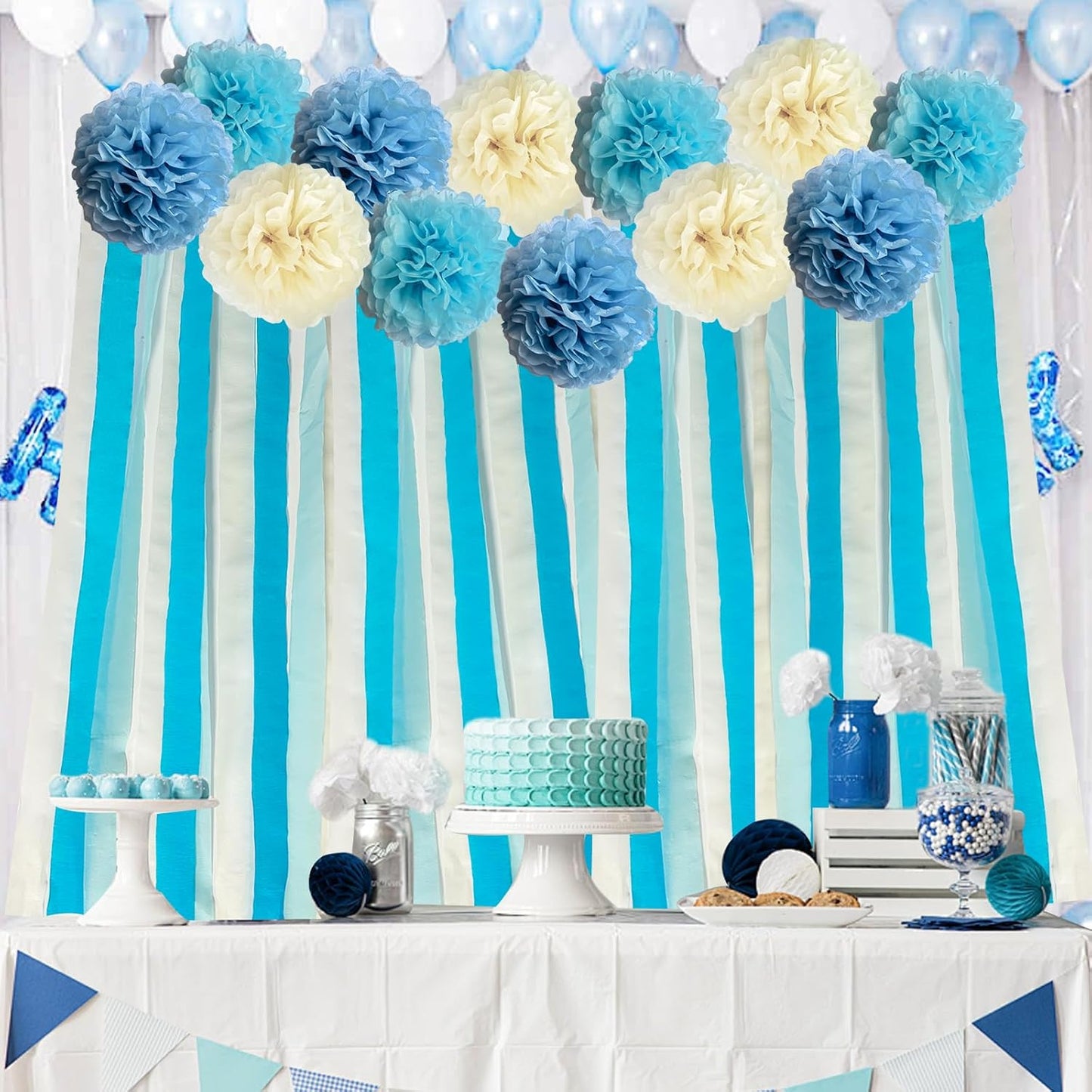 Blue Party Streamers Decorations Paper Pom Poms Fringe Backdrop for Wedding Decor, Birthday, Bachelorette, Baby Shower, Party Backdrop