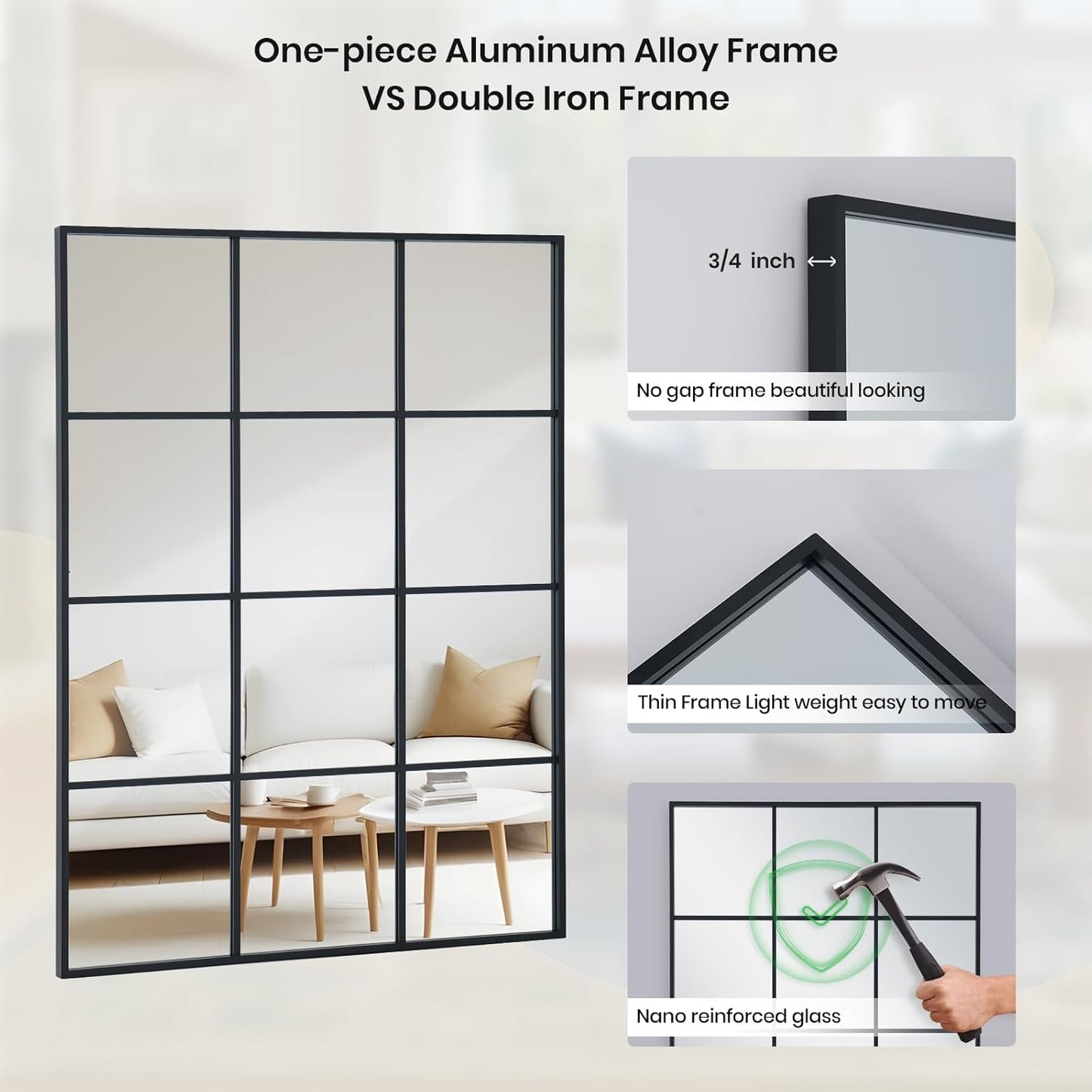 Windowpane Wall Mirror 30"x48" Black Wall Mounted Art Pane Mirror Farmhouse Decorative Mirror Leaning Hanging Wall Mirror for Bedroom Living Room Entrance Hallway Wall Decor