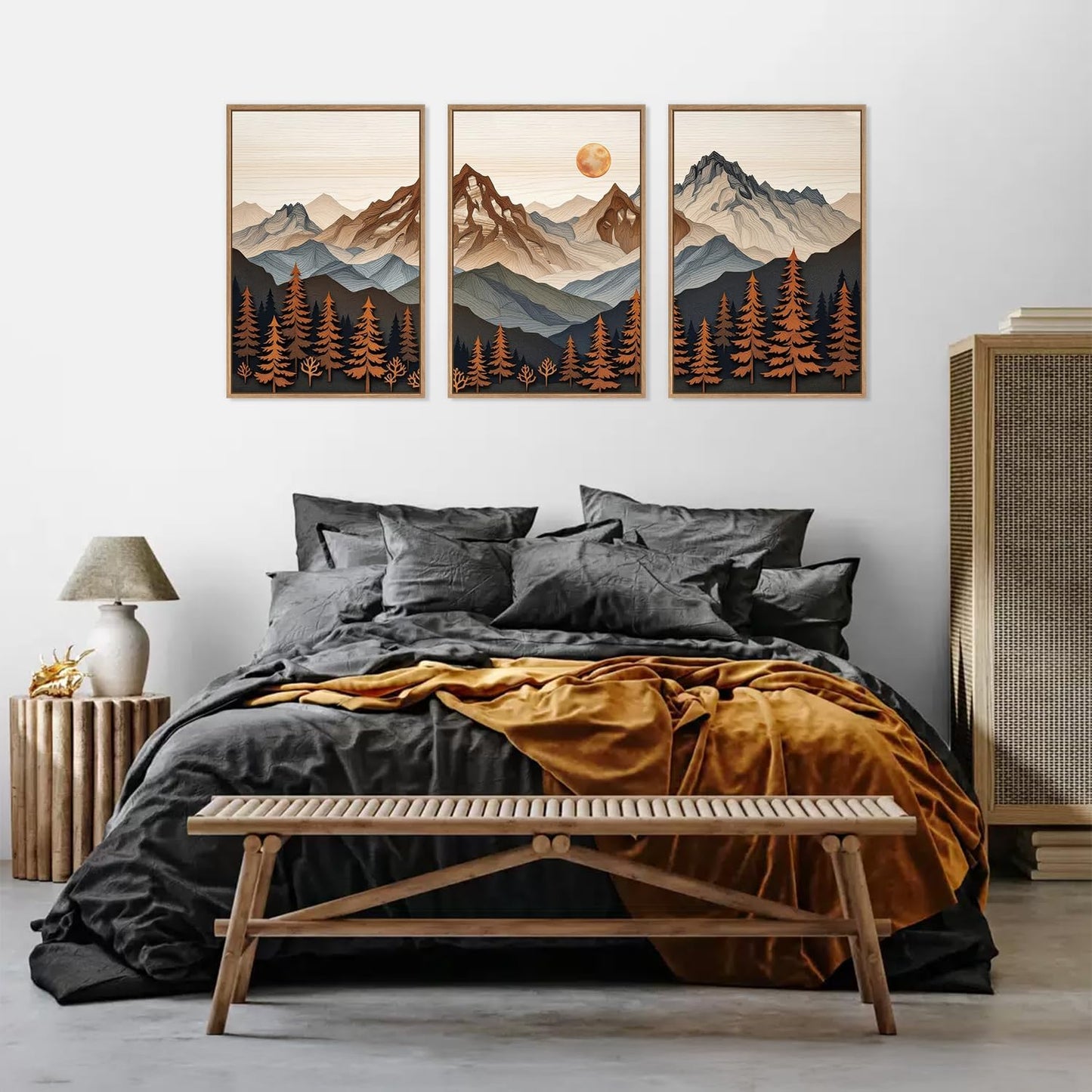 HLNIUC Large Boho Mountain Framed Canvas Wall Art Set,Woodcut Style Mountain Wall Decor,Vintage Forest Pine tree Art Prints,Nature Sunrise Landscape Wall Painting for Living Room,Bedroom - 16”x24”x3