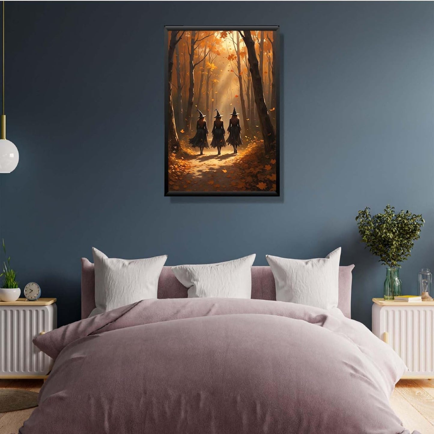 JFHCQJPK Three witches walking in the forest in autumn canvas painting gothic poster halloween print country witch wall art for home decoration12x16in Metal blackFramed