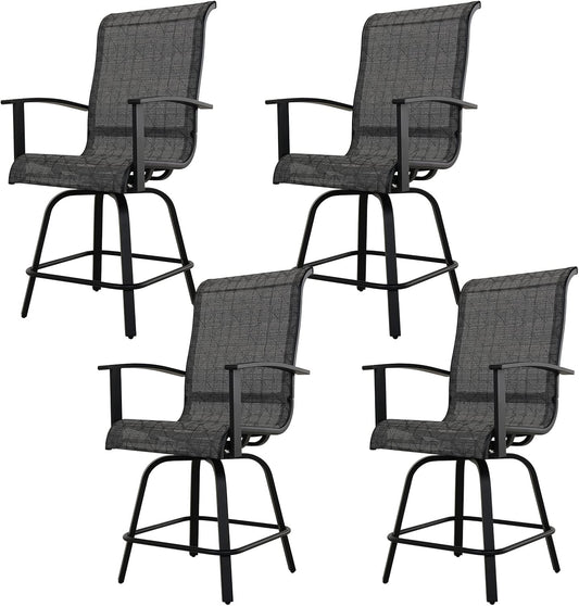 Grand patio Outdoor Swivel Bar Stools with Armrests Backs, 24" Height Patio Chairs for Porch Deck, Set of 4, Outdoor Sling Fabric (Black&Grey Plaid, 4PC)