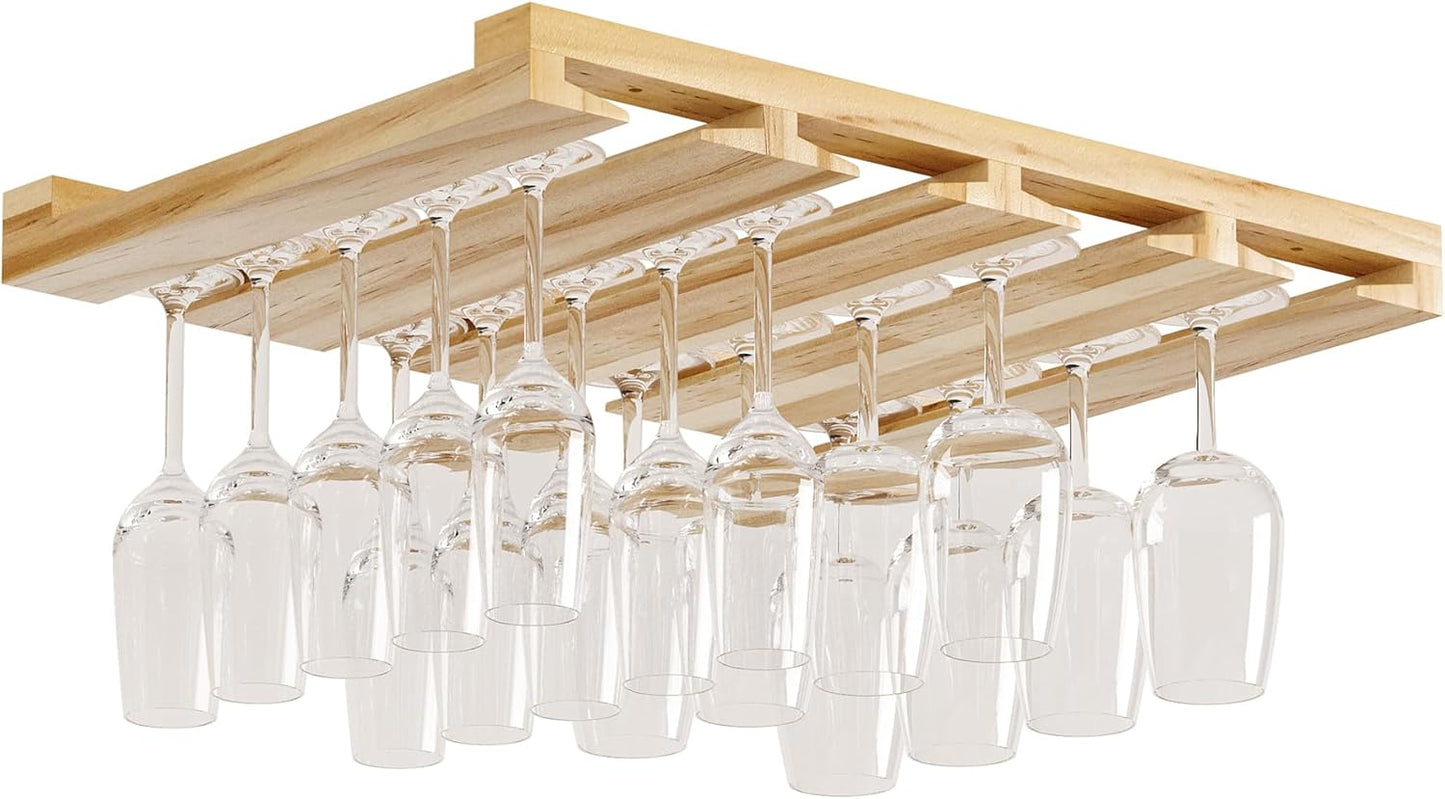 Rustic State Eze 4 Sectional Under Cabinet Mount Wood Stemware Rack Hanging Shelf Glassware Holder Bar Organizer with up to 12 Wine Glass Storage 12 Inch Deep Natural