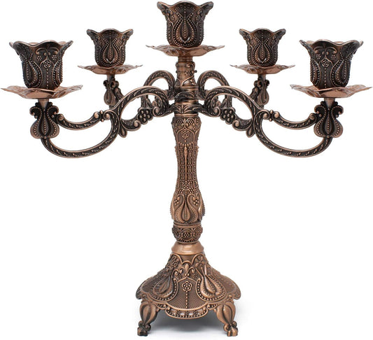 Metal Candelabra 5-Candle 10.1 Inch Tall Candle Holder Stick for Home Wedding Event and Party Festival,Red Bronze